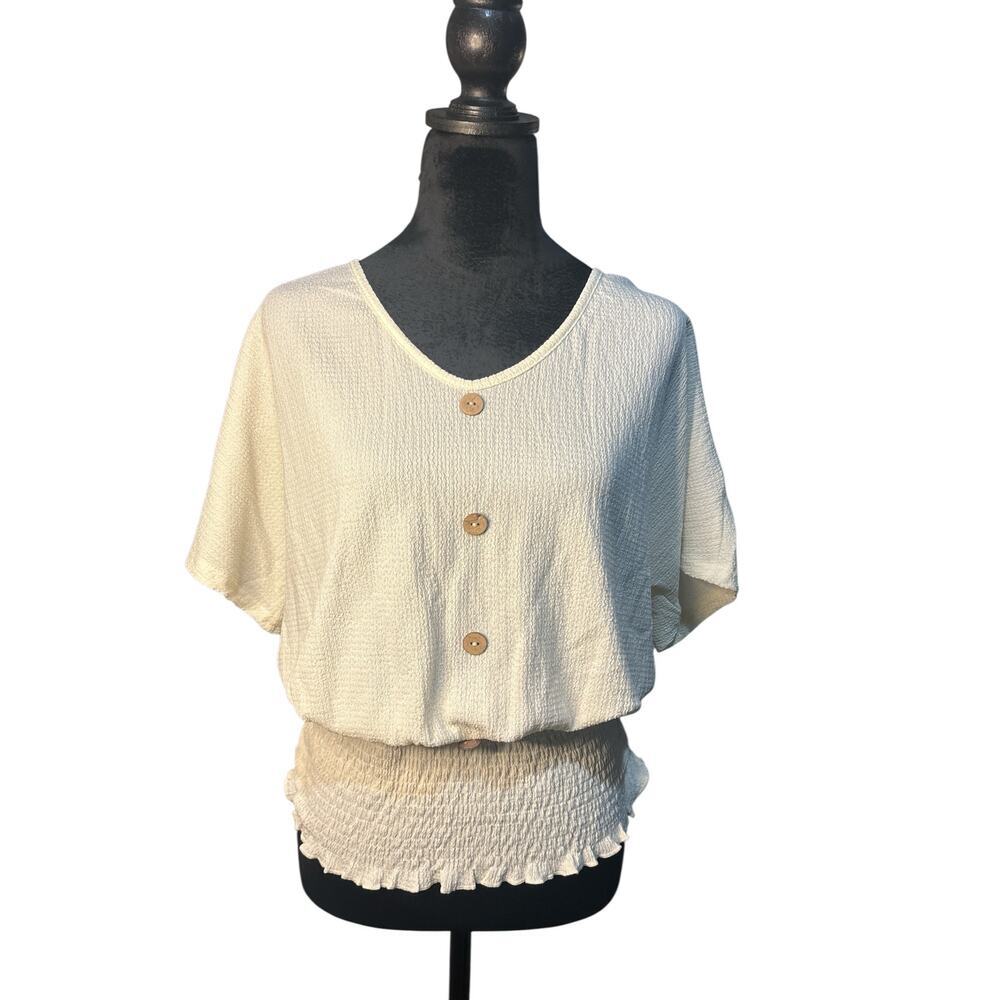 Beige Shirred Waist V-Neck-‎ Top XL-(US 12–14)